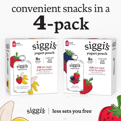 siggi's Strawberry Banana Reduced Fat Yogurt Pouches – Better-For-You Kids Snack with 5g Protein, 3.5 oz, 4 ct