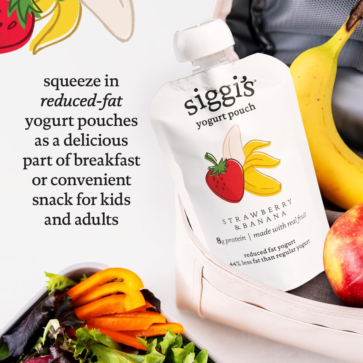 siggi's Strawberry Banana Reduced Fat Yogurt Pouches – Better-For-You Kids Snack with 5g Protein, 3.5 oz, 4 ct