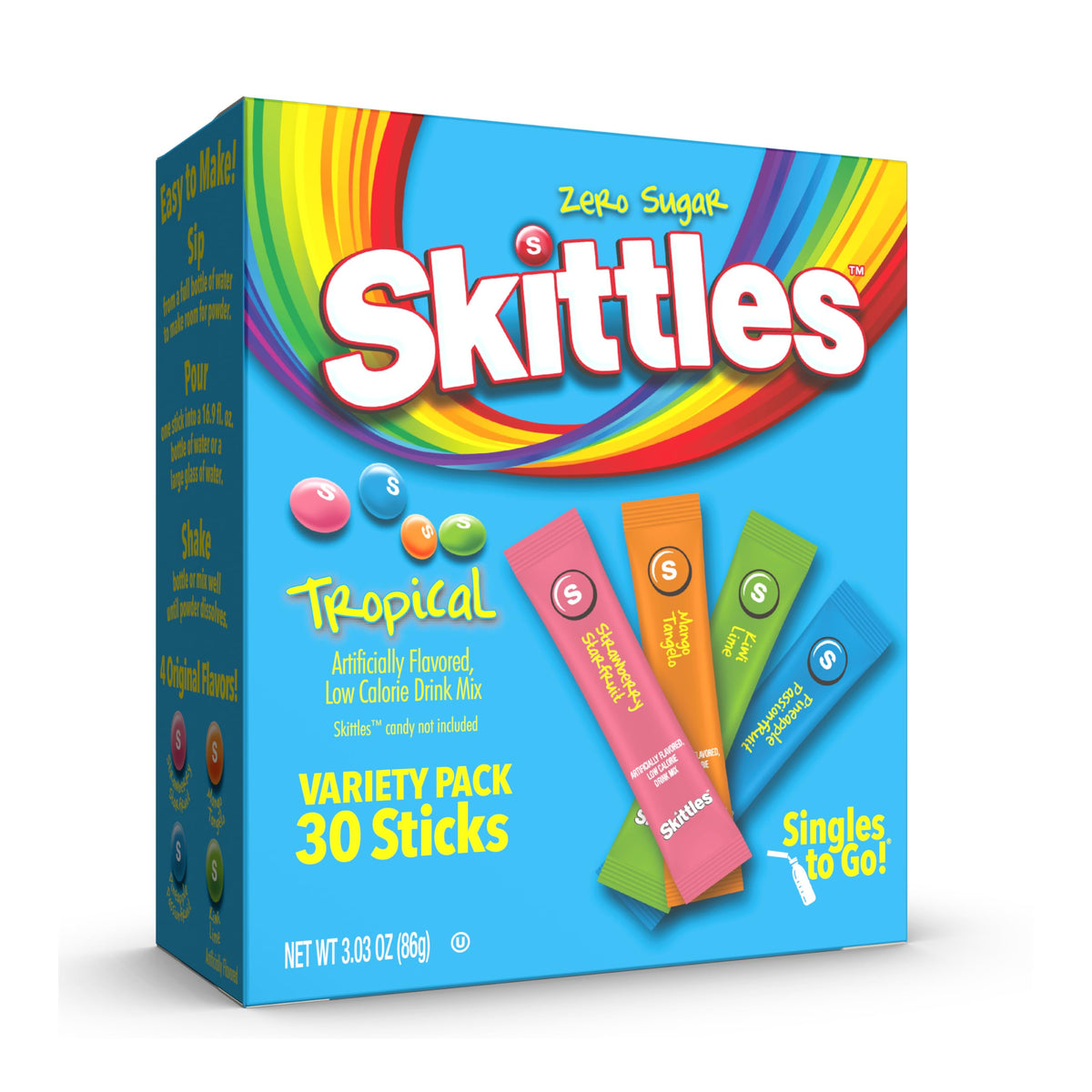 SINGLES TO GO! Skittles Kids Water Flavoring Packets – Low Calorie Drink Mix Sticks for Lunchboxes, Road Trips, and After School
