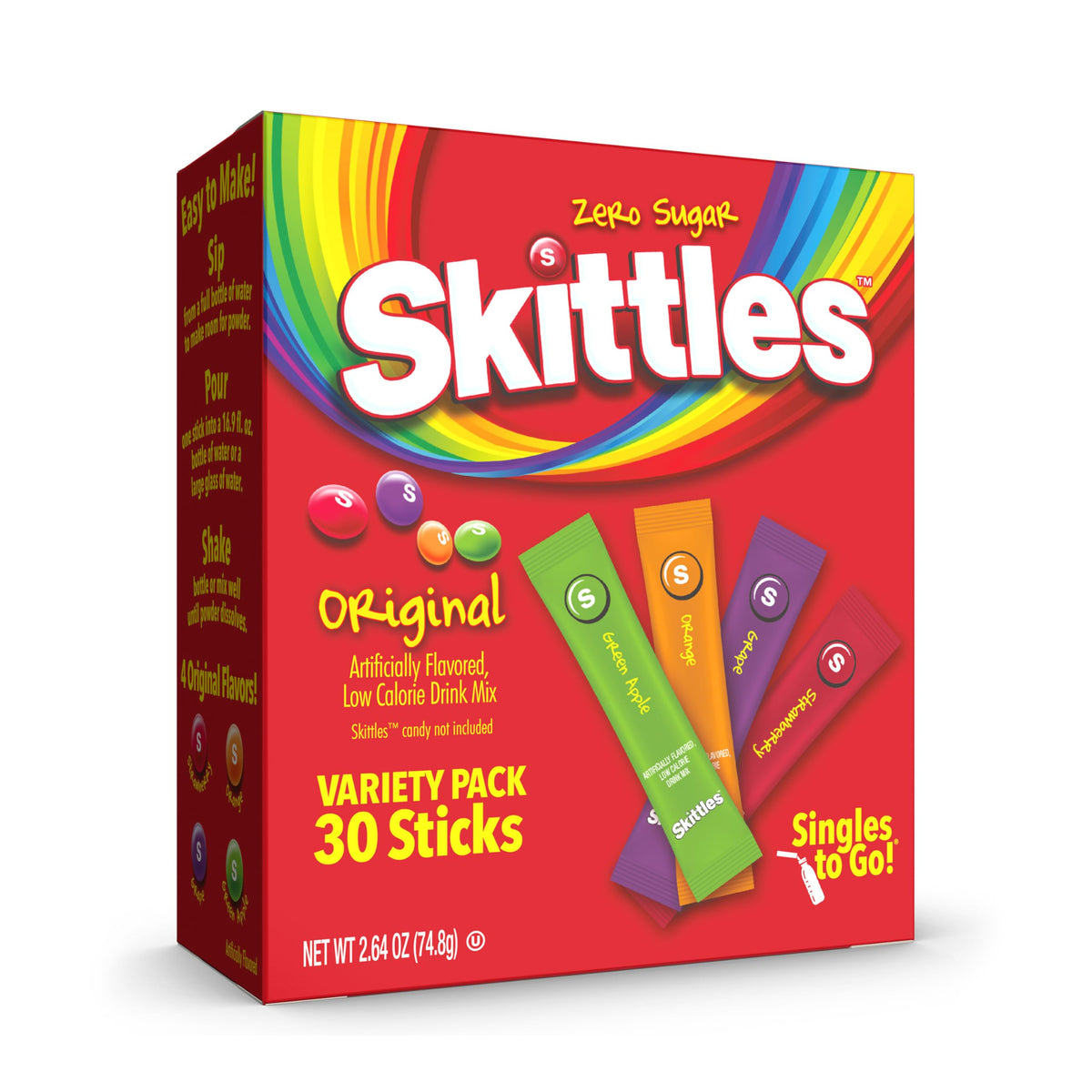 SINGLES TO GO! Skittles Kids Water Flavoring Packets – Low Calorie Drink Mix Sticks for Lunchboxes, Road Trips, and After School