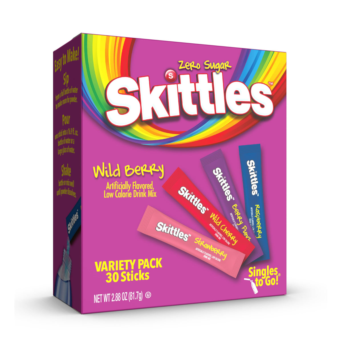 SINGLES TO GO! Skittles Kids Water Flavoring Packets – Low Calorie Drink Mix Sticks for Lunchboxes, Road Trips, and After School
