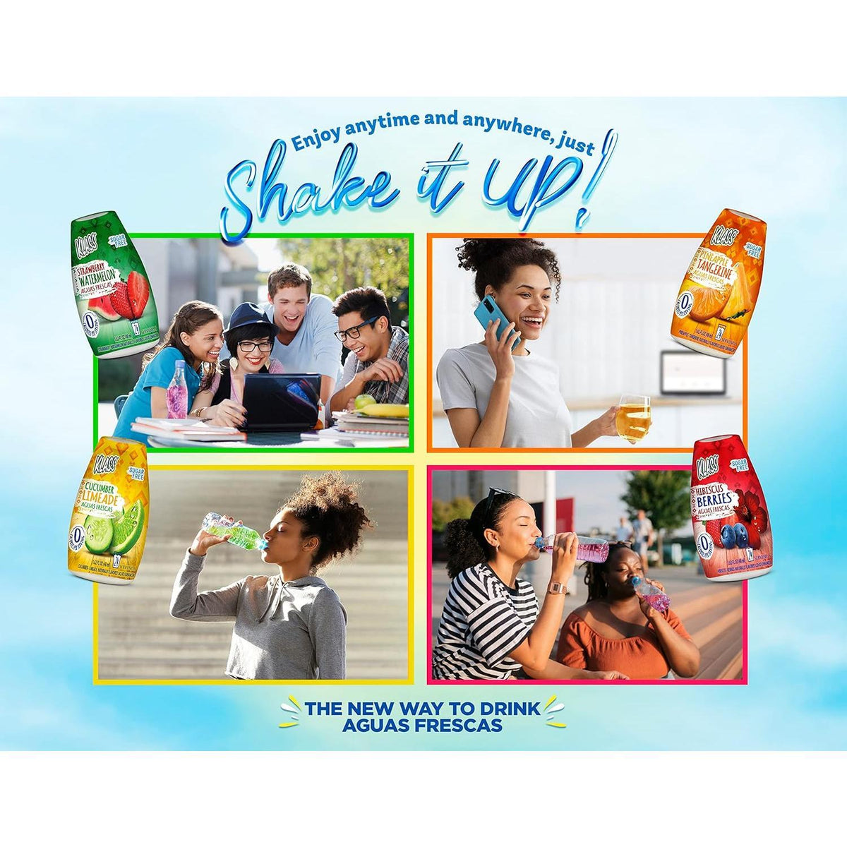 six flavor variants including cucumber limeade, pineapple tangerine, hibiscus berries, strawberry watermelon, and two variety packs