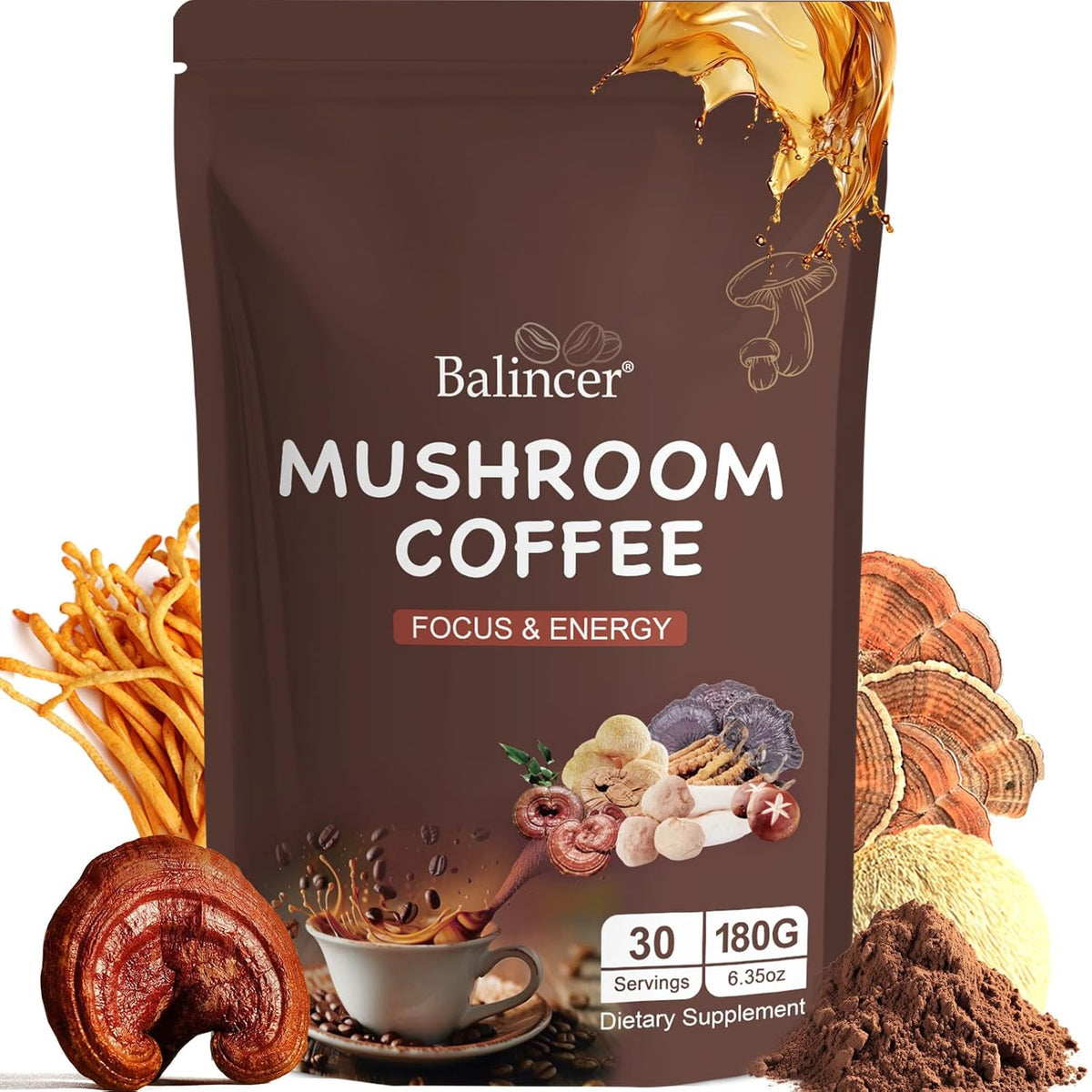 six-mushroom blend: lion's mane, cordyceps, turkey tail, reishi, shiitake, king trumpet