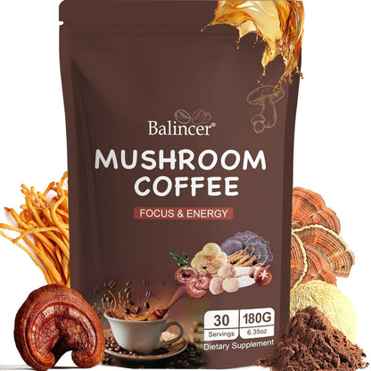 six-mushroom blend: lion's mane, cordyceps, turkey tail, reishi, shiitake, king trumpet