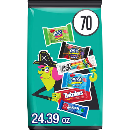 six-variety assortment: twizzlers twists, airheads minis, jolly rancher gummies, jolly rancher sour gummies, jolly rancher trickies gummies, and sour strips