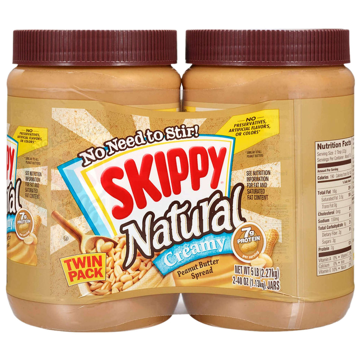 SKIPPY Natural Peanut Butter Creamy Twin Pack, 40 Ounces, Pack of 2