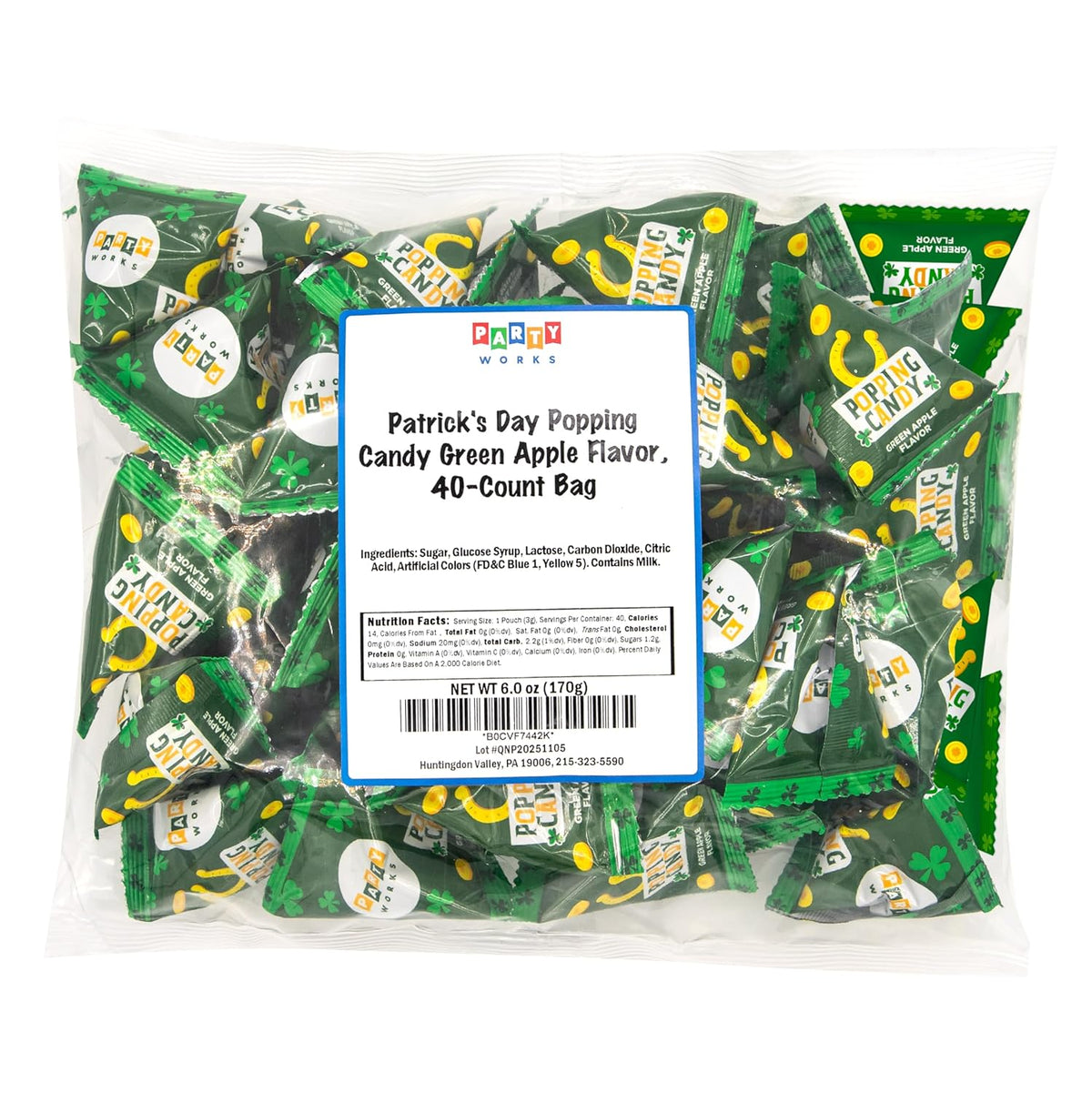 Sour Green Apple Pop Rocks Mini Packs - 40 Count St Patrick's Day Candy, Individually Wrapped Treats for Kids' School Parties, Goodie Bags & Themed Birthday Favors