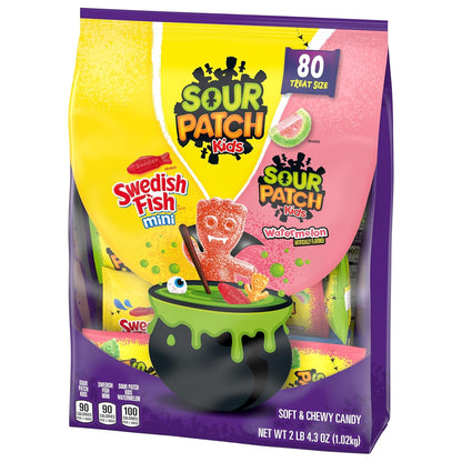 SOUR PATCH KIDS and SWEDISH FISH Halloween Candy for Party Table Scatters and Decor Accents, 80 Mini Snack Bags