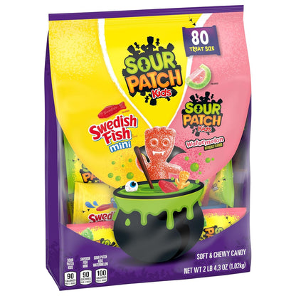 SOUR PATCH KIDS and SWEDISH FISH Halloween Candy for Party Table Scatters and Decor Accents, 80 Mini Snack Bags