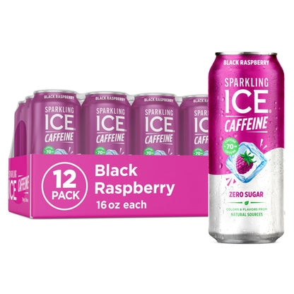 Sparkling Ice Caffeine Black Raspberry Sparkling Water for Gym Bag Refreshers, Portable Sparkling Water with 70mg Caffeine