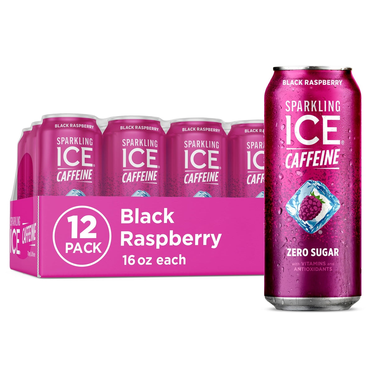 Sparkling Ice Caffeine Black Raspberry Sparkling Water for Gym Bag Refreshers, Portable Sparkling Water with 70mg Caffeine