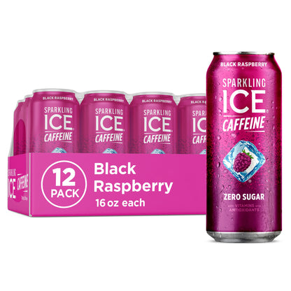 Sparkling Ice Caffeine Black Raspberry Sparkling Water for Gym Bag Refreshers, Portable Sparkling Water with 70mg Caffeine