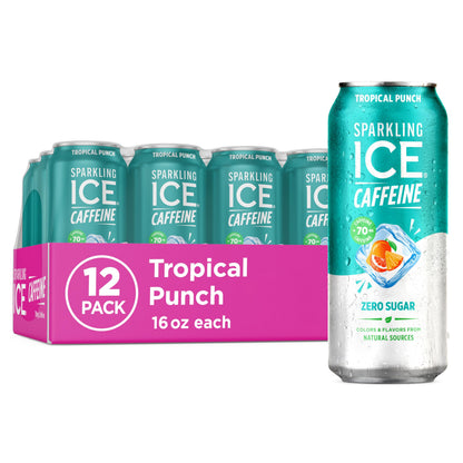 Sparkling Ice Caffeine Black Raspberry Sparkling Water for Gym Bag Refreshers, Portable Sparkling Water with 70mg Caffeine