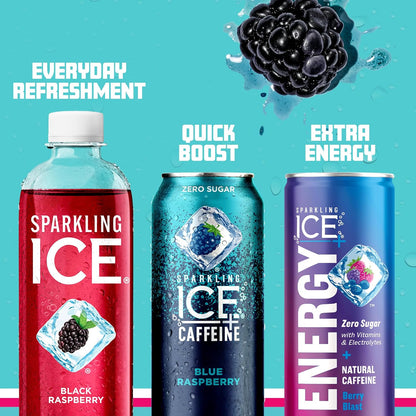 Sparkling Ice Caffeine Black Raspberry Sparkling Water for Gym Bag Refreshers, Portable Sparkling Water with 70mg Caffeine