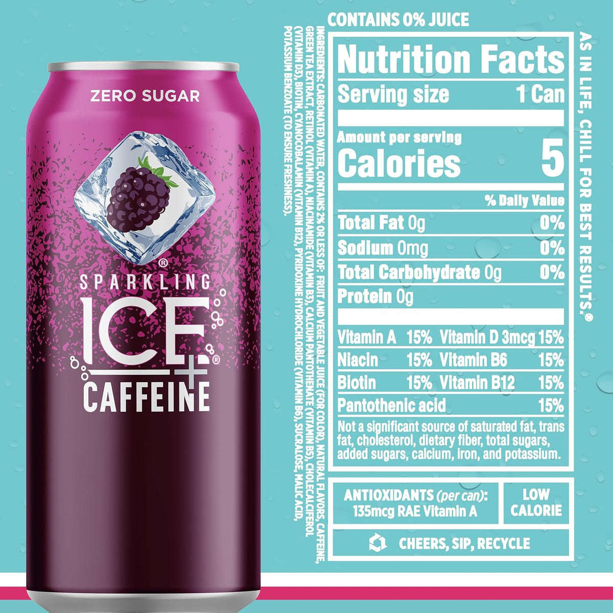 Sparkling Ice Caffeine Black Raspberry Sparkling Water for Gym Bag Refreshers, Portable Sparkling Water with 70mg Caffeine