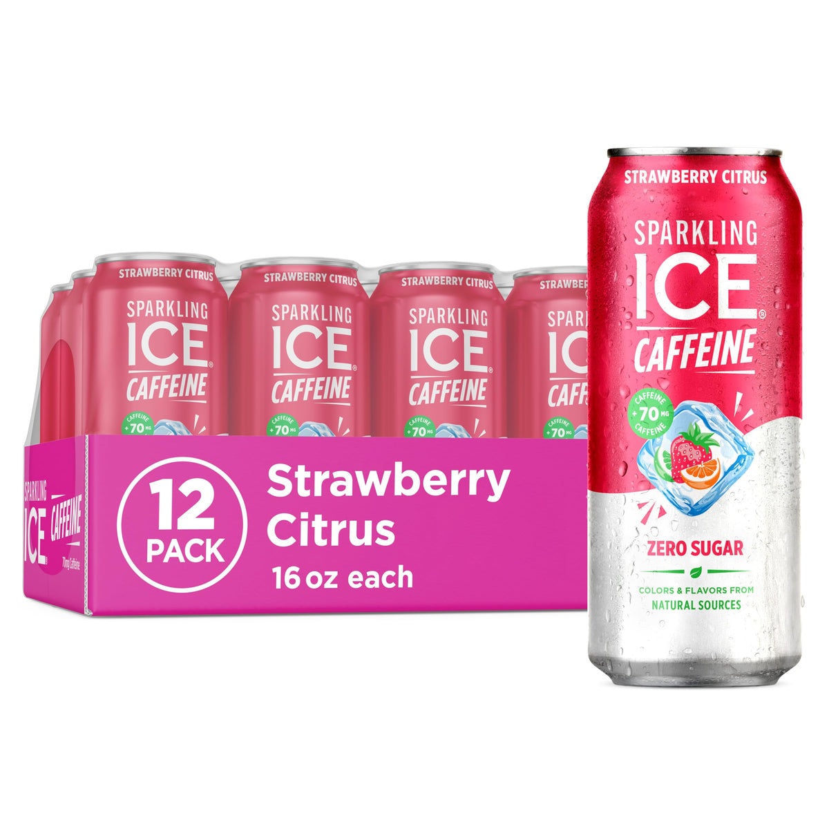 Sparkling Ice Caffeine Black Raspberry Sparkling Water for Gym Bag Refreshers, Portable Sparkling Water with 70mg Caffeine
