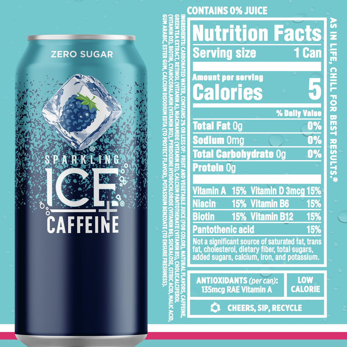 Sparkling Ice Caffeine Black Raspberry Sparkling Water for Wellness Focused Drinkers, Zero Sugar Daily Vitamin Boost in 16 oz Cans