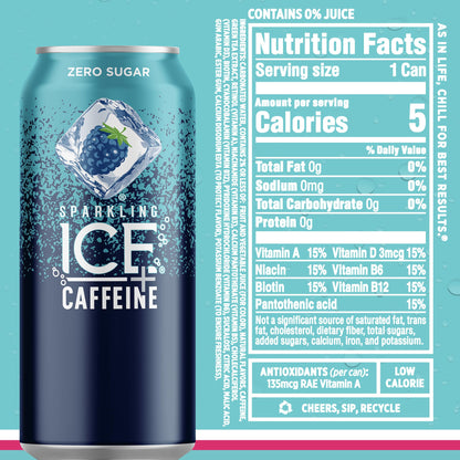 Sparkling Ice Caffeine Black Raspberry Sparkling Water for Wellness Focused Drinkers, Zero Sugar Daily Vitamin Boost in 16 oz Cans