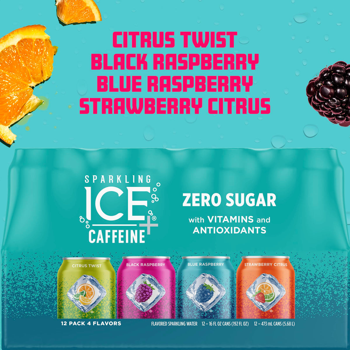 Sparkling Ice Caffeine Black Raspberry Sparkling Water for Wellness Focused Drinkers, Zero Sugar Daily Vitamin Boost in 16 oz Cans