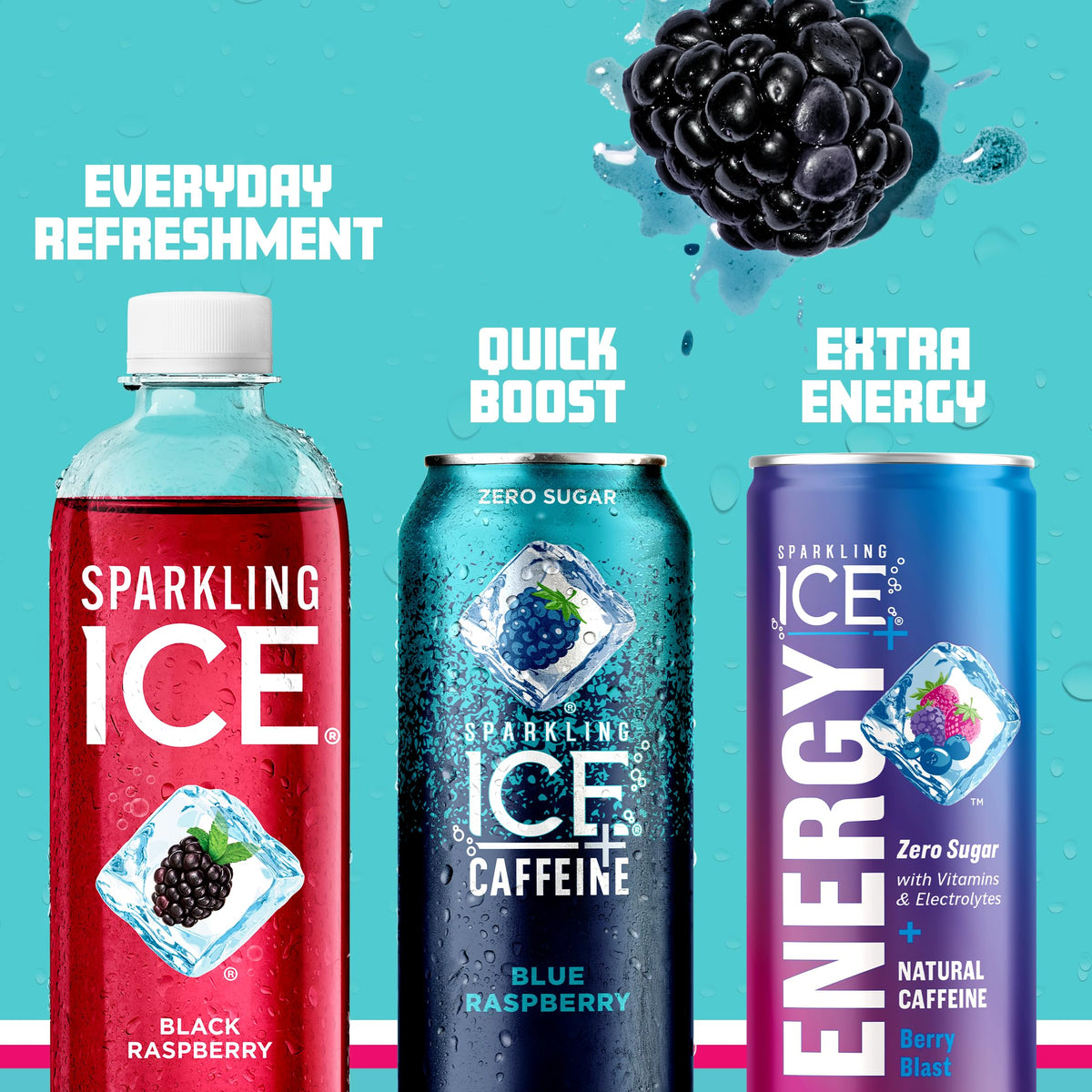 Sparkling Ice Caffeine Black Raspberry Sparkling Water for Wellness Focused Drinkers, Zero Sugar Daily Vitamin Boost in 16 oz Cans