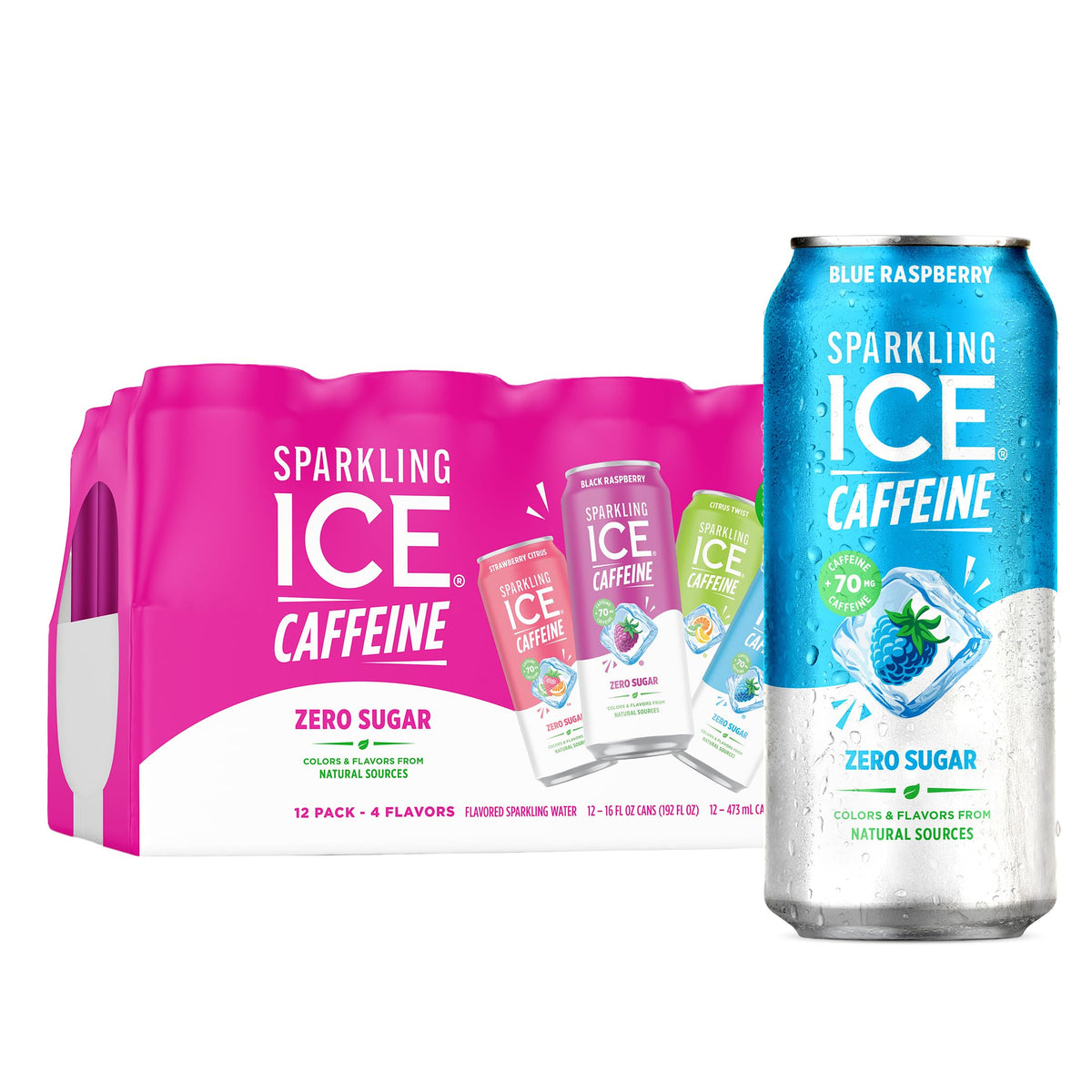 Sparkling Ice Caffeine Black Raspberry Sparkling Water for Wellness Focused Drinkers, Zero Sugar Daily Vitamin Boost in 16 oz Cans
