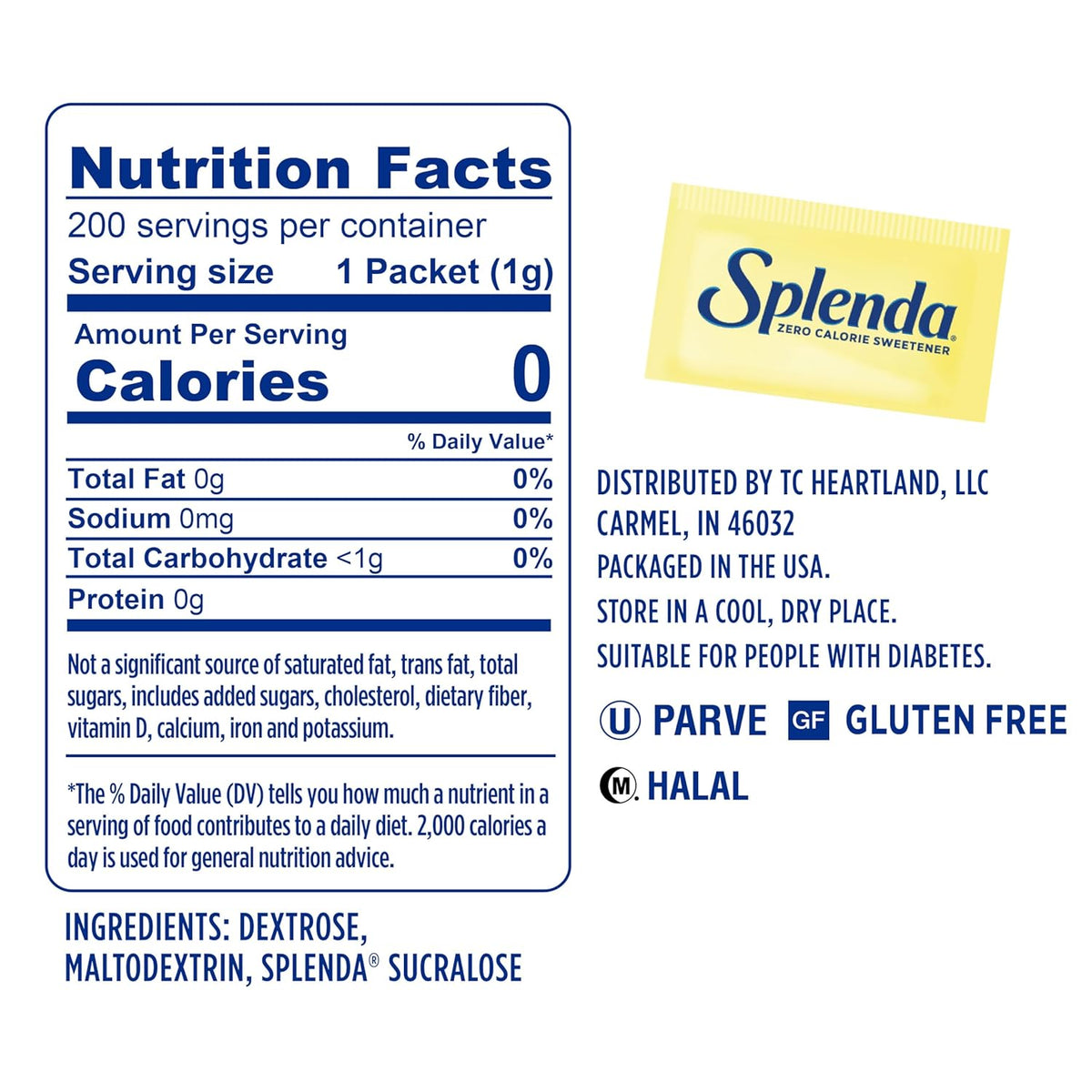 sucralose-based sweetener measuring equal to two teaspoons of sugar per packet