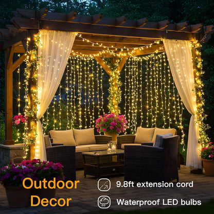 suddus Outdoor Curtain Lights for Patio and Garden – IP44 Waterproof 200 LED String with USB Power Bank Compatibility