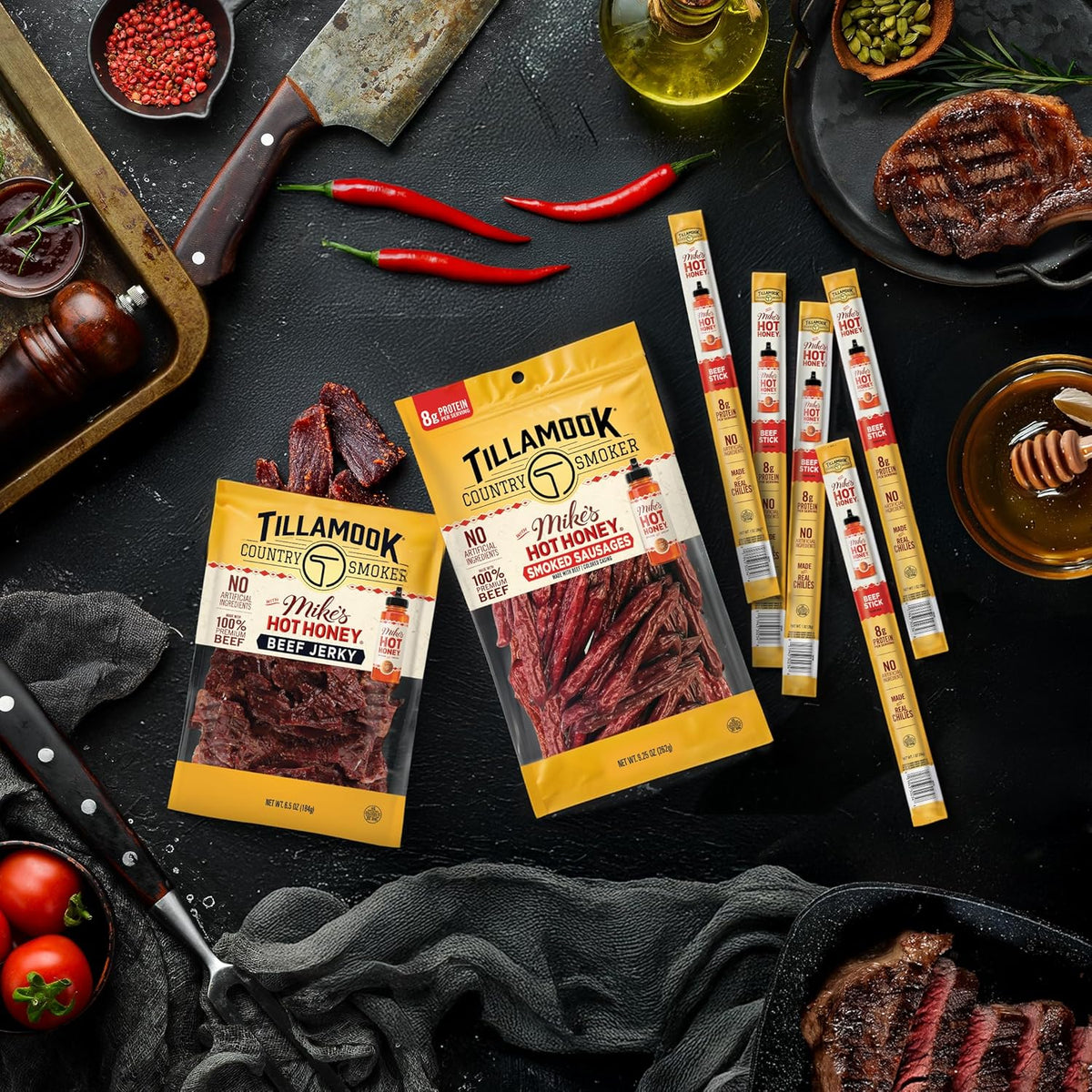 Tillamook Country Smoker Beef Smoked Sausages with Mike's Hot Honey – Portable Hiking and Camping Snack with 8g Protein