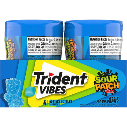 Trident Vibes SOUR PATCH KIDS Blue Raspberry Sugar-Free Chewing Gum – Road Trip and Car Cup Holder Travel Pack, 4 Bottles