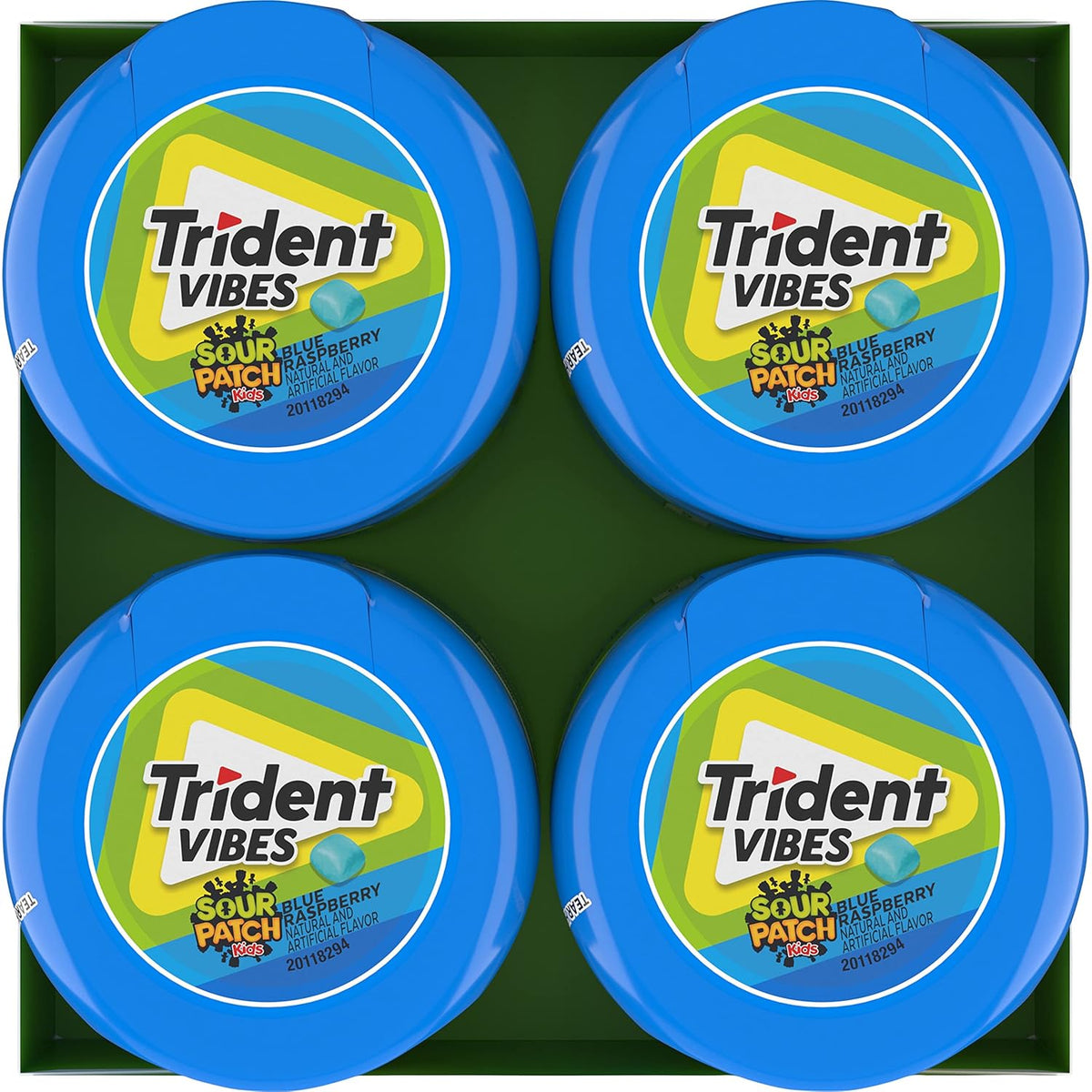 Trident Vibes SOUR PATCH KIDS Blue Raspberry Sugar-Free Chewing Gum – Road Trip and Car Cup Holder Travel Pack, 4 Bottles