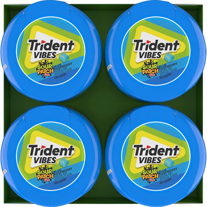 Trident Vibes SOUR PATCH KIDS Blue Raspberry Sugar-Free Chewing Gum – Road Trip and Car Cup Holder Travel Pack, 4 Bottles