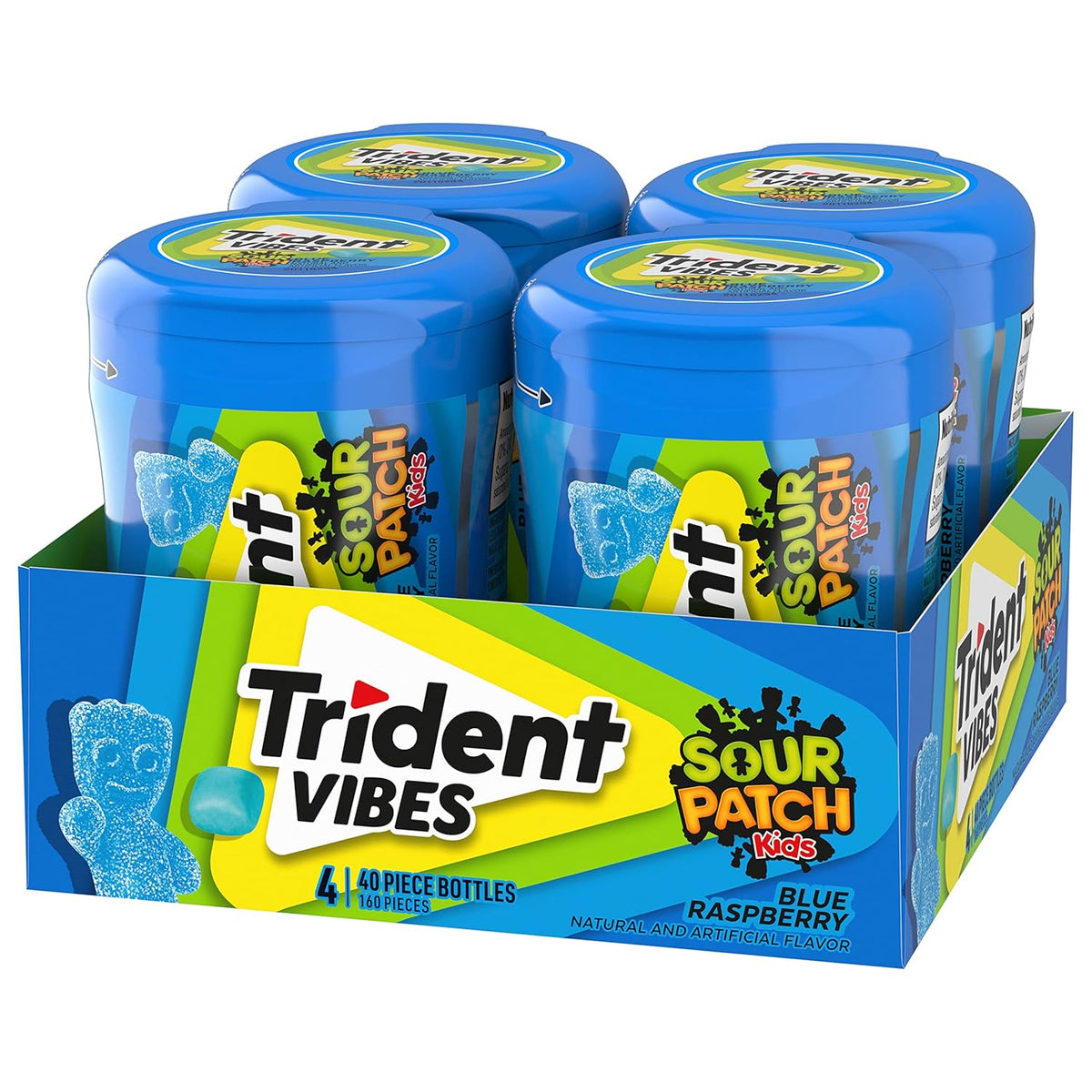 Trident Vibes SOUR PATCH KIDS Blue Raspberry Sugar-Free Chewing Gum – Road Trip and Car Cup Holder Travel Pack, 4 Bottles