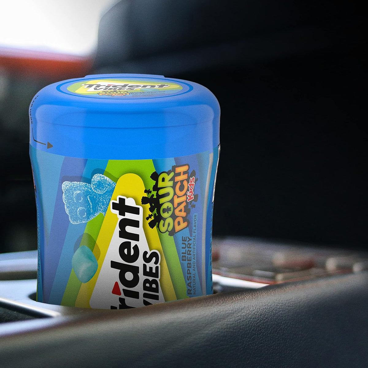Trident Vibes SOUR PATCH KIDS Blue Raspberry Sugar-Free Chewing Gum – Road Trip and Car Cup Holder Travel Pack, 4 Bottles