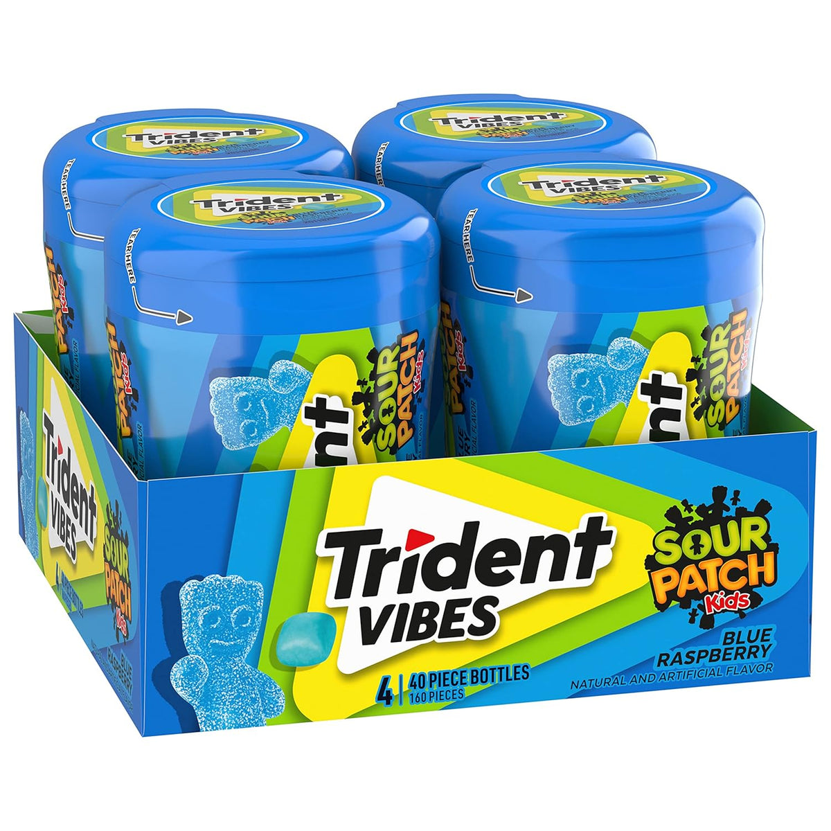 Trident Vibes SOUR PATCH KIDS Blue Raspberry Sugar-Free Chewing Gum – Road Trip and Car Cup Holder Travel Pack, 4 Bottles