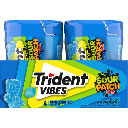 Trident Vibes SOUR PATCH KIDS Blue Raspberry Sugar-Free Chewing Gum – Road Trip and Car Cup Holder Travel Pack, 4 Bottles