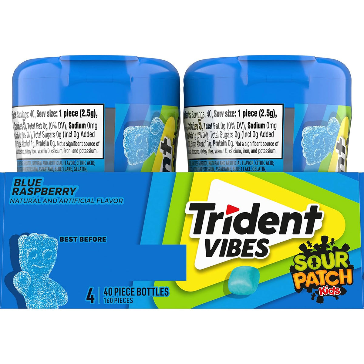 Trident Vibes SOUR PATCH KIDS Blue Raspberry Sugar-Free Chewing Gum – Road Trip and Car Cup Holder Travel Pack, 4 Bottles