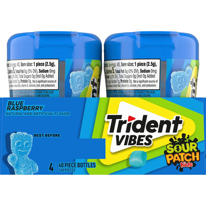 Trident Vibes SOUR PATCH KIDS Blue Raspberry Sugar-Free Chewing Gum – Road Trip and Car Cup Holder Travel Pack, 4 Bottles