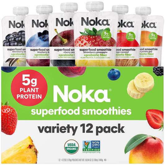 variety pack of 12 pouches spanning 6 flavors: strawberry pineapple, cherry acai, mango coconut, blueberry beet, blackberry vanilla, sweet potato goji
