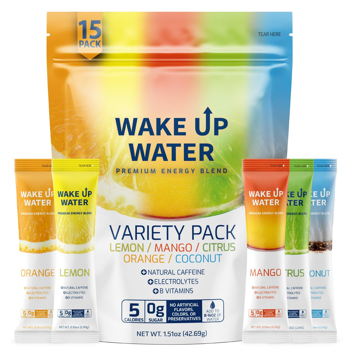 Wake Up Water Clean Energy Powder – Travel and Commuter Companion with Electrolytes, 15 Single-Serve Packets Variety