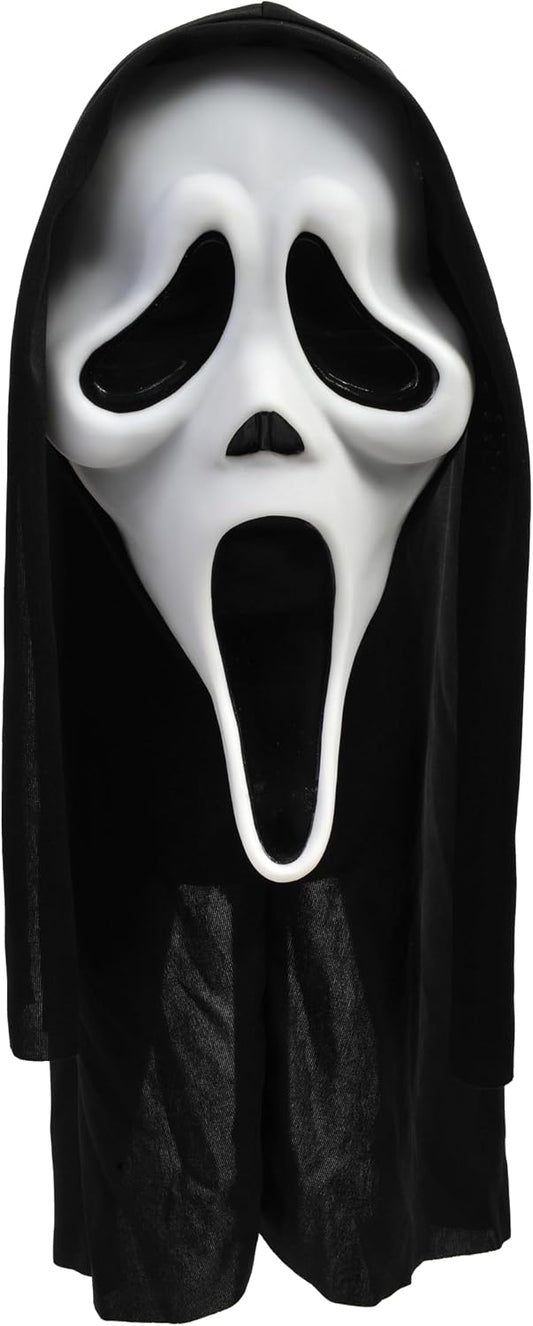 white foam molded mask with exaggerated haunting facial expression and black eye detailing