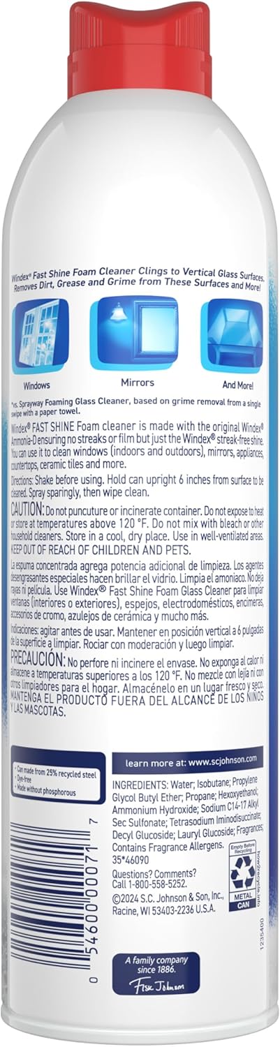 Windex Fast Shine Foam Glass Cleaner – Reception Area Window Shine for a Professional Front Desk