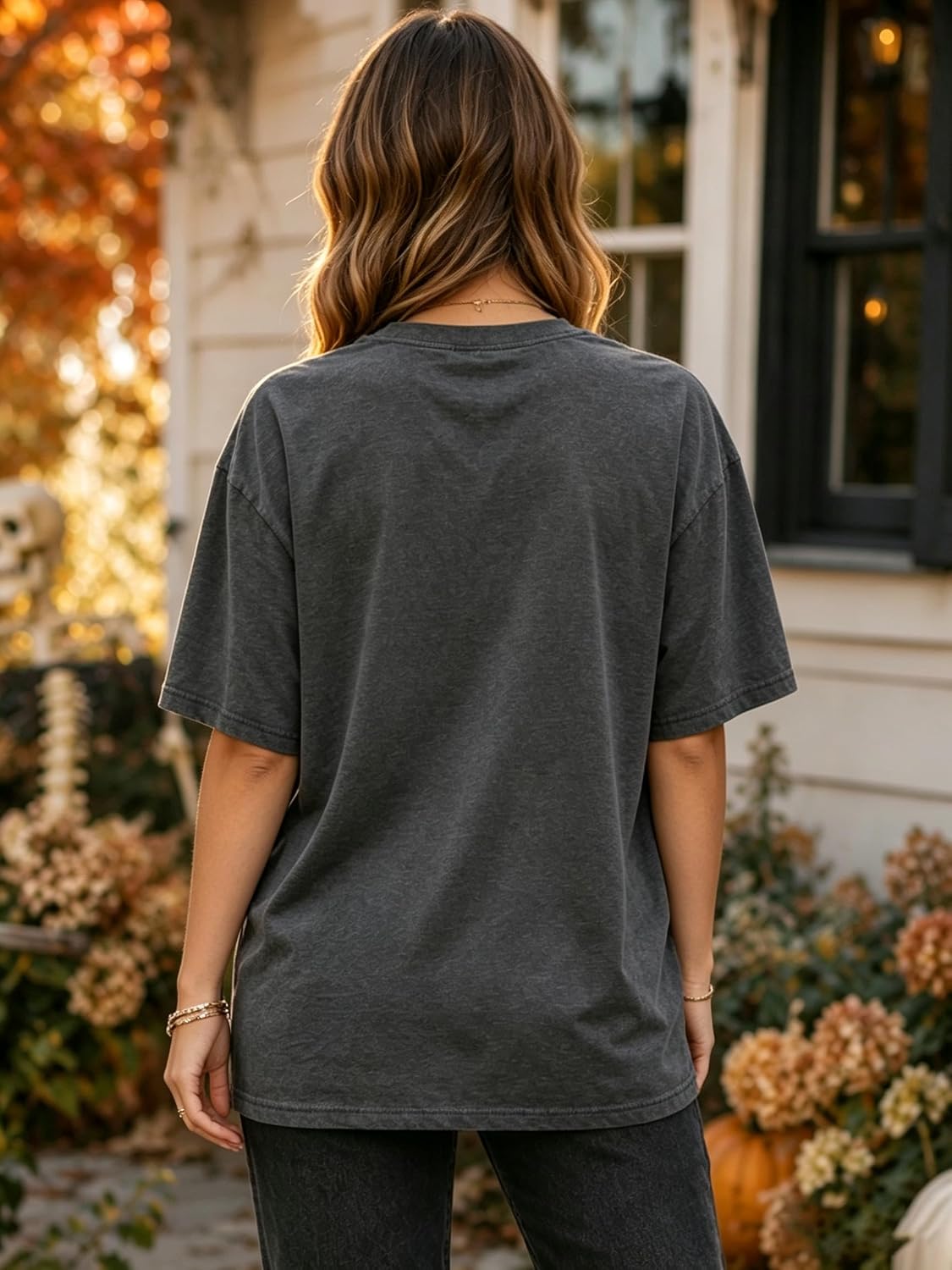 Witch Hat Skeleton Print Oversized Tee – All-Day Comfortable Shirt for Trick-or-Treat Neighborhood Walks