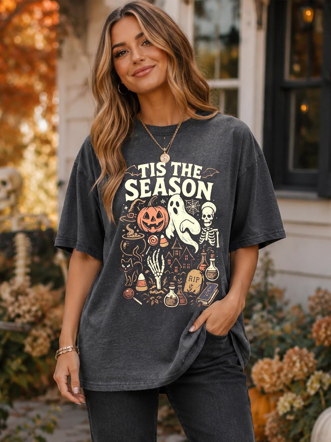 Witch Hat Skeleton Print Oversized Tee – All-Day Comfortable Shirt for Trick-or-Treat Neighborhood Walks