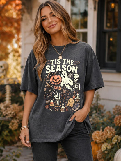 Witch Hat Skeleton Print Oversized Tee – All-Day Comfortable Shirt for Trick-or-Treat Neighborhood Walks