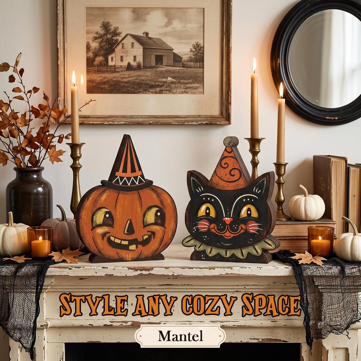 Wooden Halloween Decor – Understated Black Cat Pumpkin Decor for Minimalist Entryways and Subtle October Styling