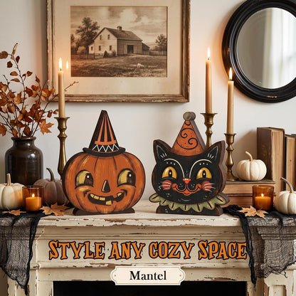 Wooden Halloween Decor – Understated Black Cat Pumpkin Decor for Minimalist Entryways and Subtle October Styling