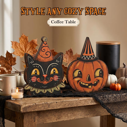 Wooden Halloween Decor – Understated Black Cat Pumpkin Decor for Minimalist Entryways and Subtle October Styling