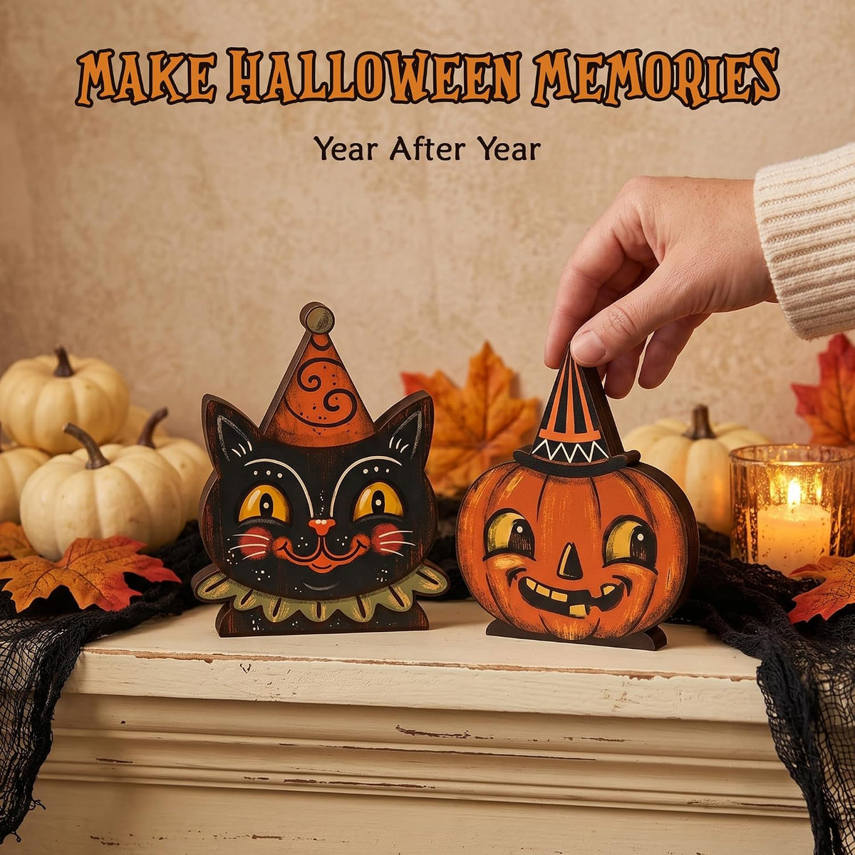 Wooden Halloween Decor – Understated Black Cat Pumpkin Decor for Minimalist Entryways and Subtle October Styling