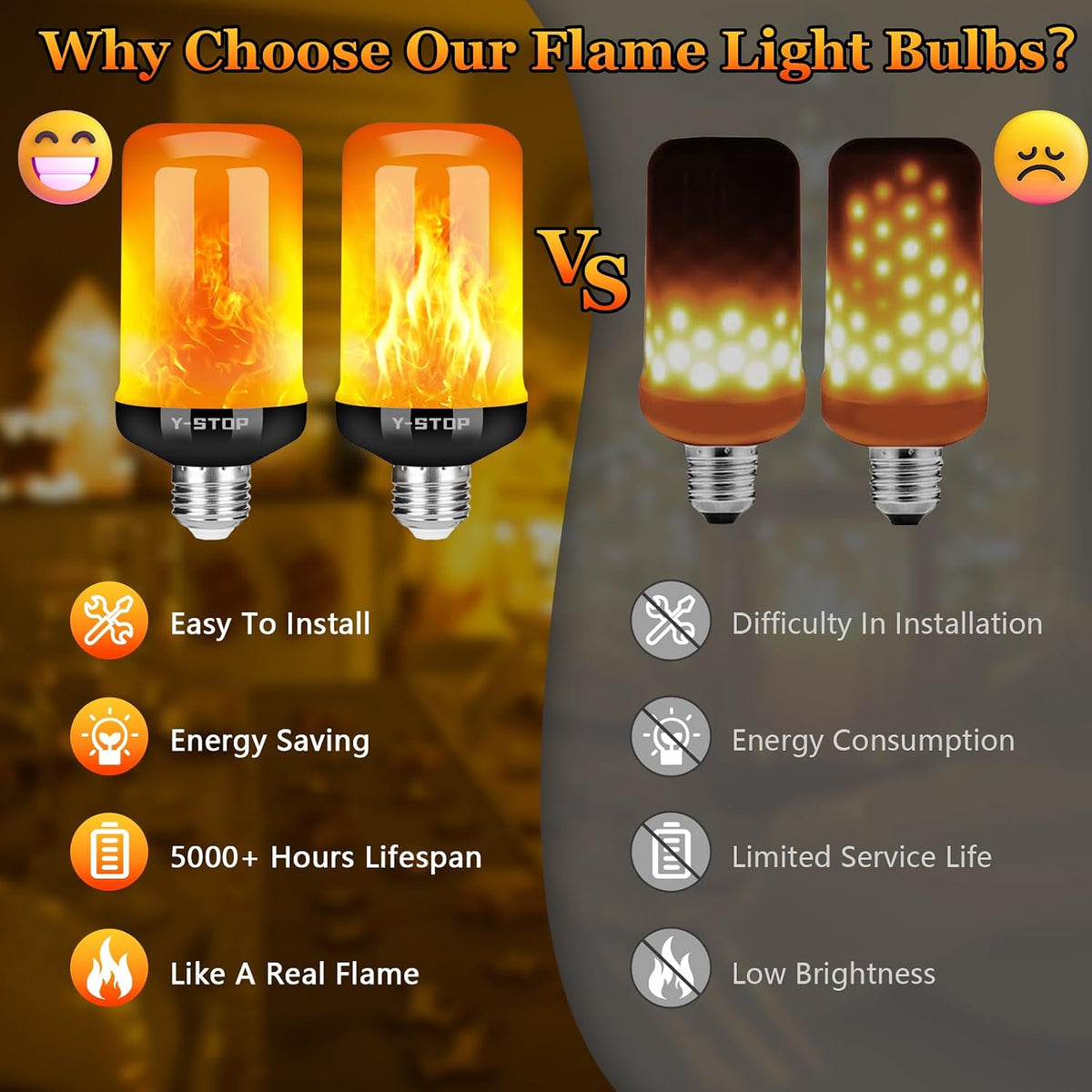 Y-STOP Outdoor Flame Effect Bulb – Weather-Friendly Flicker Light for Patio, Garden Pathway, and Porch Lanterns, 2 Pack