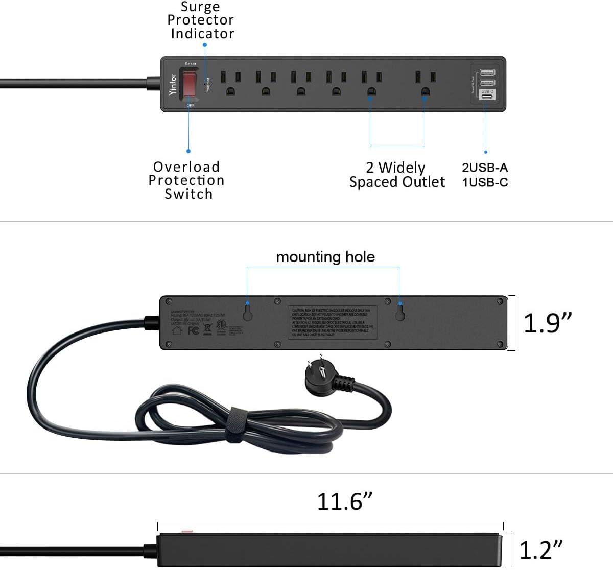 Yintar Flat Plug Surge Protector in White for Living Room Media Center, 6 Outlets 3 USB Ports 6Ft Cord Behind TV Stand Clean Look